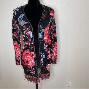 I.N.C Floral Embroidered Fringe Open Front Cardigan Petite Small